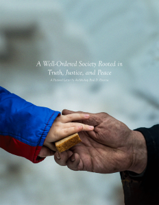 Cover Image the print version of "A Well-Ordered Society Rooted in Truth, Justice, and Peace: A Pastoral Letter by Archbishop Paul D. Etienne" showing the light-skinned hand of a child in the weathered hand of a darker-skinned elderly person passing a piece of bread between them